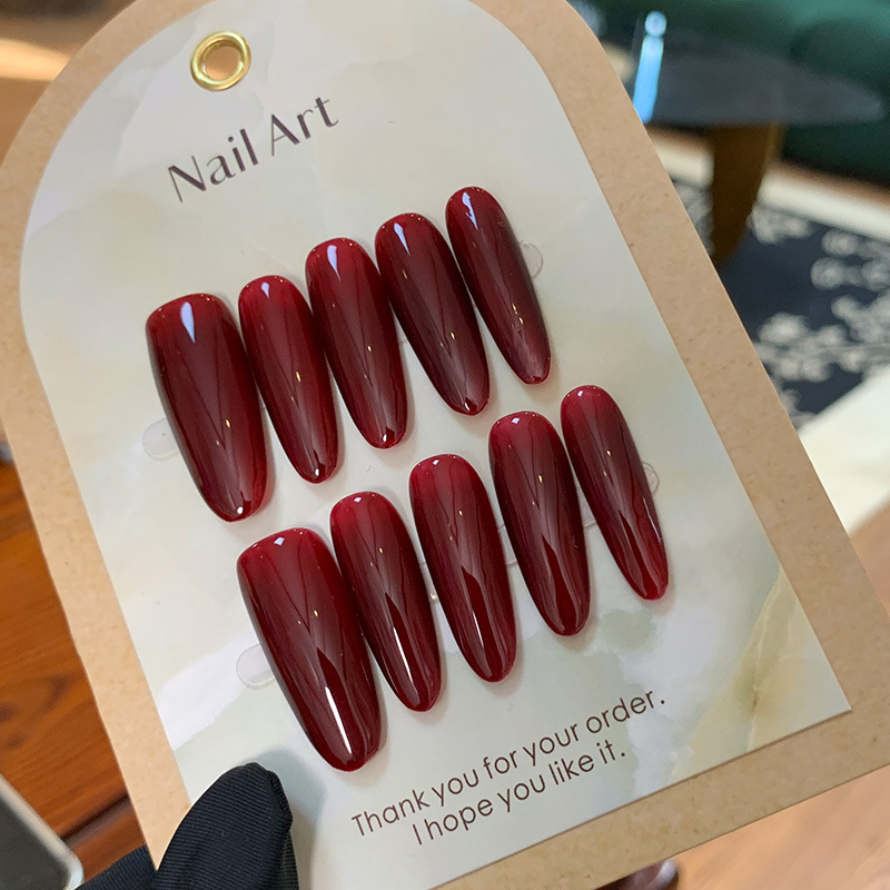 Nail Art Red Wine - 10 faux ongles longs ovales rouge