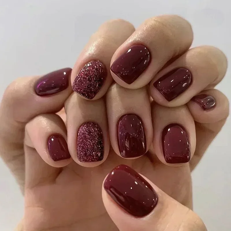 Nail Art Red Wine - 24 pièces/ensemble Faux ongles courts couleur