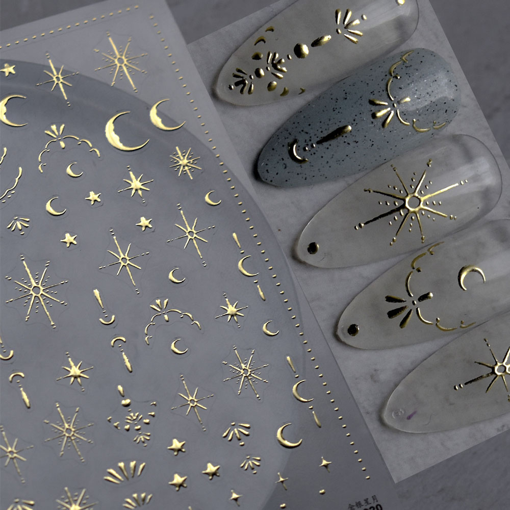 Nail Art Gold - Autocollant 3D Doré Soleil/Lune/Étoile pour Ongles,