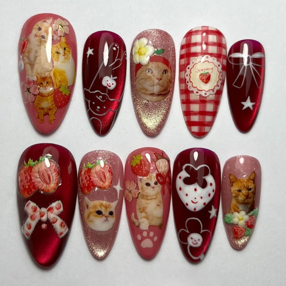 Nail Art Y2K - 24 pièces fraise oeil de chat